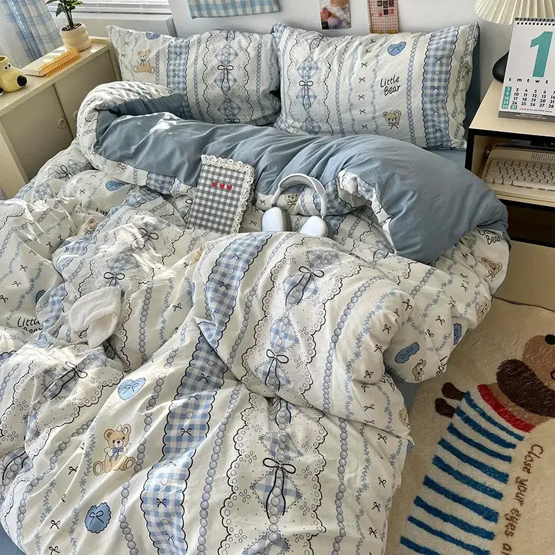 Cream cartoon bear pattern printed bedding set bedroom decor