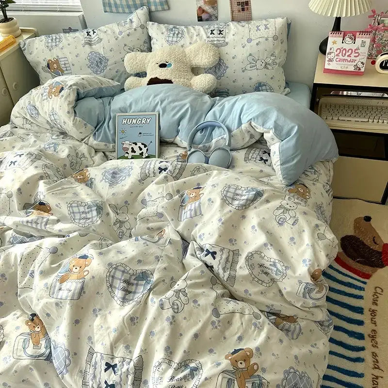 Cream cartoon bear pattern printed bedding set bedroom decor