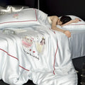 Cream cartoon embroidered ice silk bedding set bedroom bunny decor