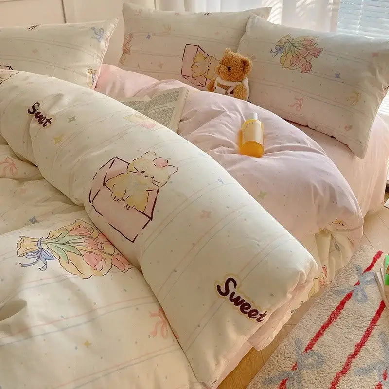 Cream cartoon printed cotton bedding set bedroom bear decor