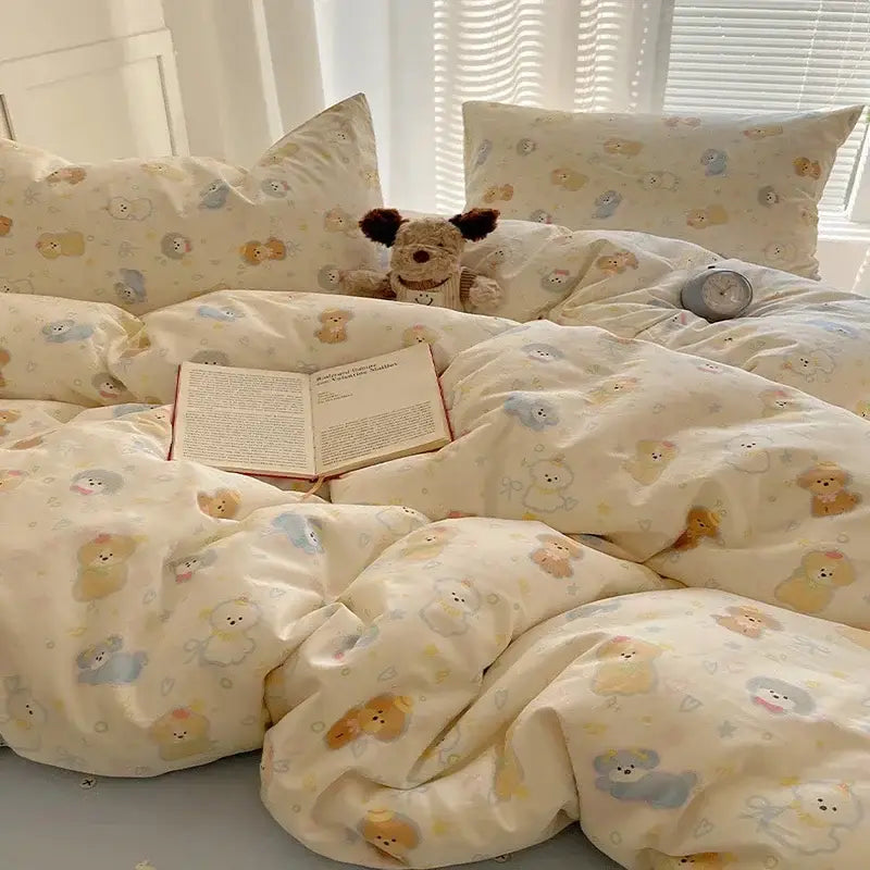 Cream cartoon printed cotton bedding set bedroom bear decor