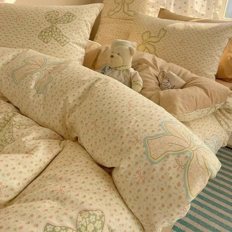 Cream cartoon printed cotton bedding set bedroom bear decor