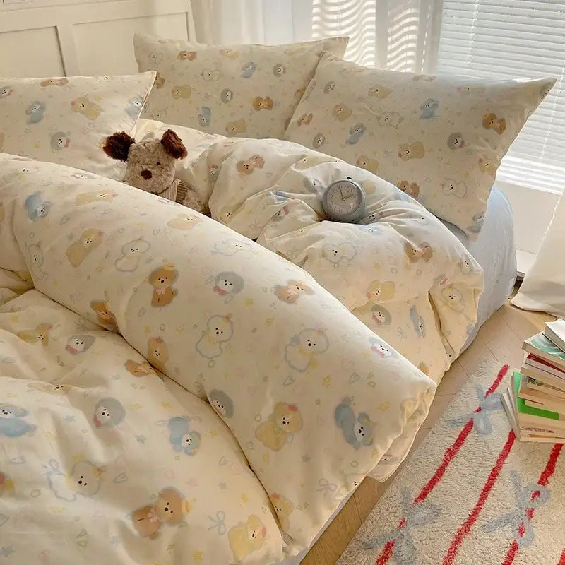 Cream cartoon printed cotton bedding set bedroom bear decor