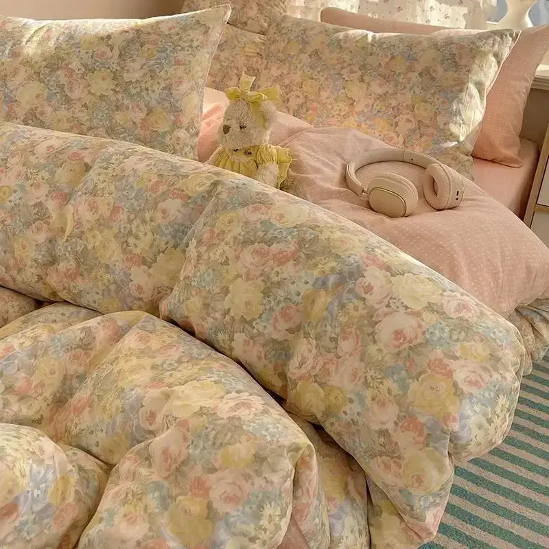 Cream cartoon printed cotton bedding set bedroom bear decor