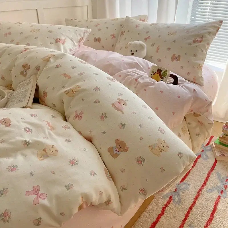 Cream cartoon printed cotton bedding set bedroom bear decor