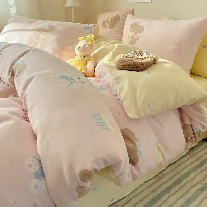 Cream cartoon printed cotton bedding set bedroom bear decor