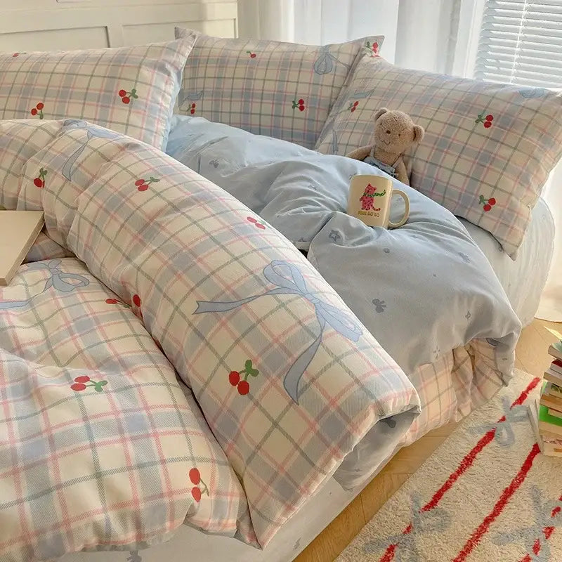Cream cartoon printed cotton bedding set bedroom bear decor