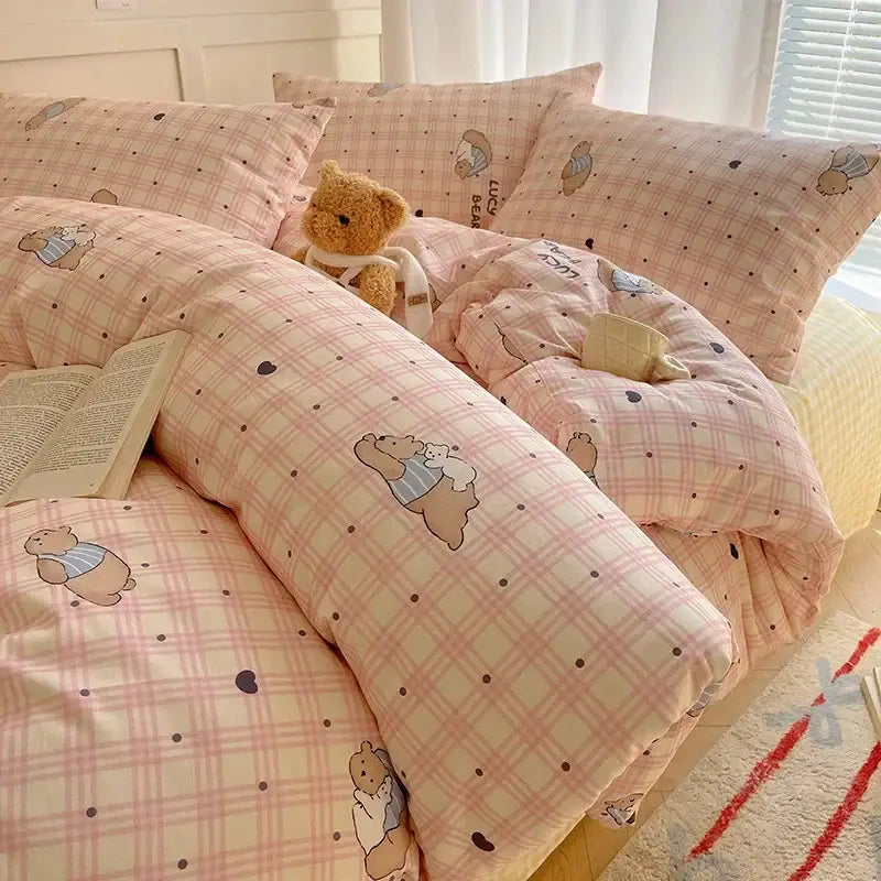 Cream cartoon printed cotton bedding set bedroom bear decor
