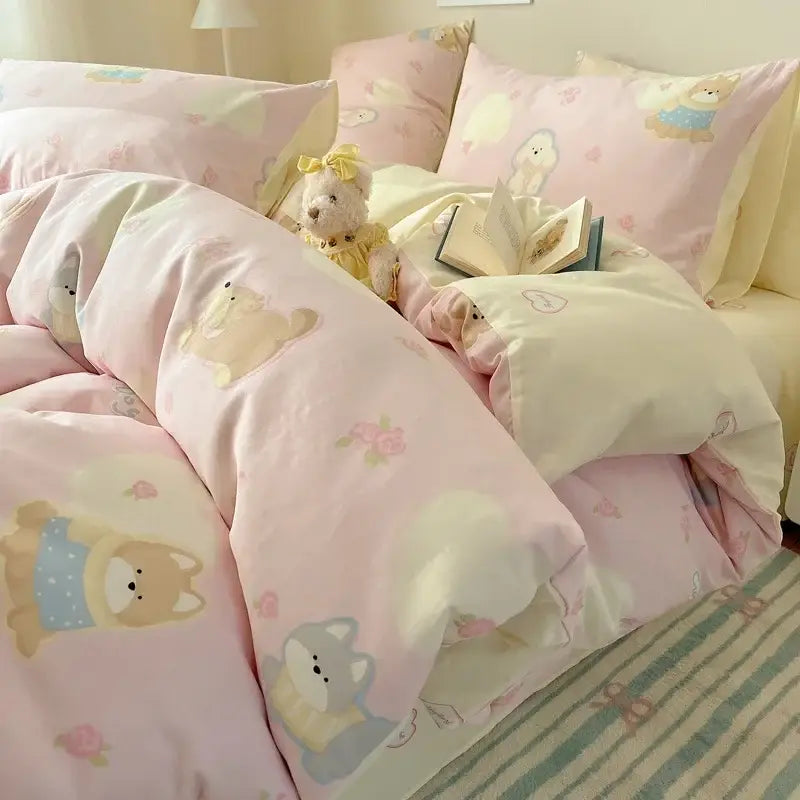 Cream cartoon printed cotton bedding set bedroom bear decor