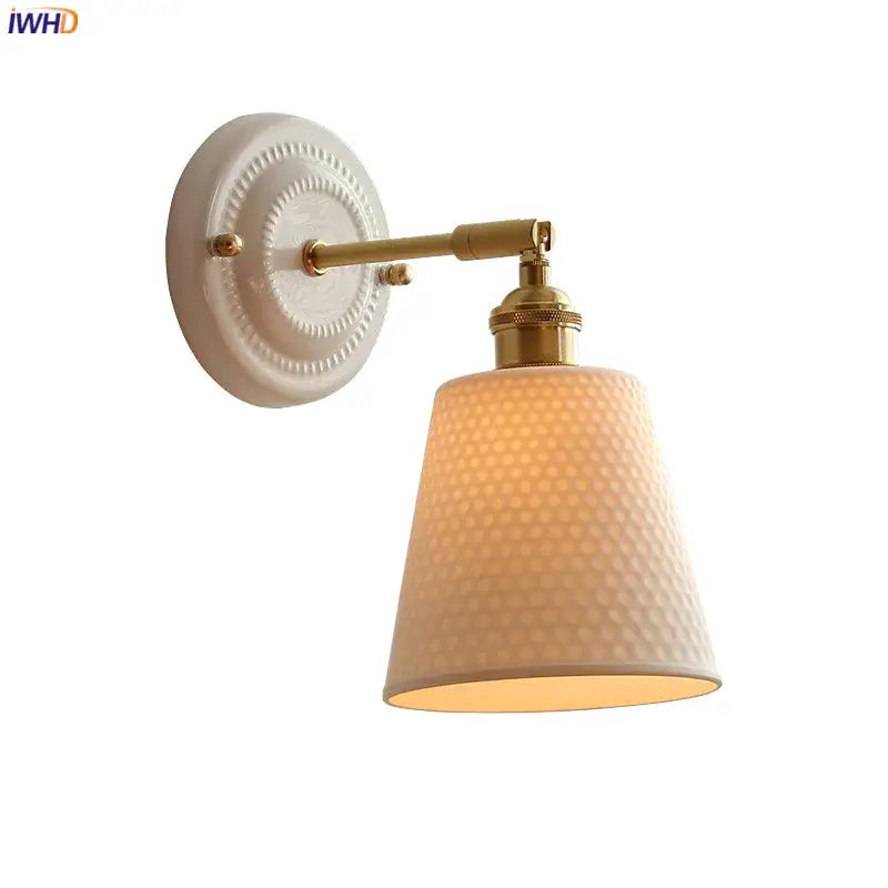 Cream ceramic led wall light with copper arm bedroom sconce