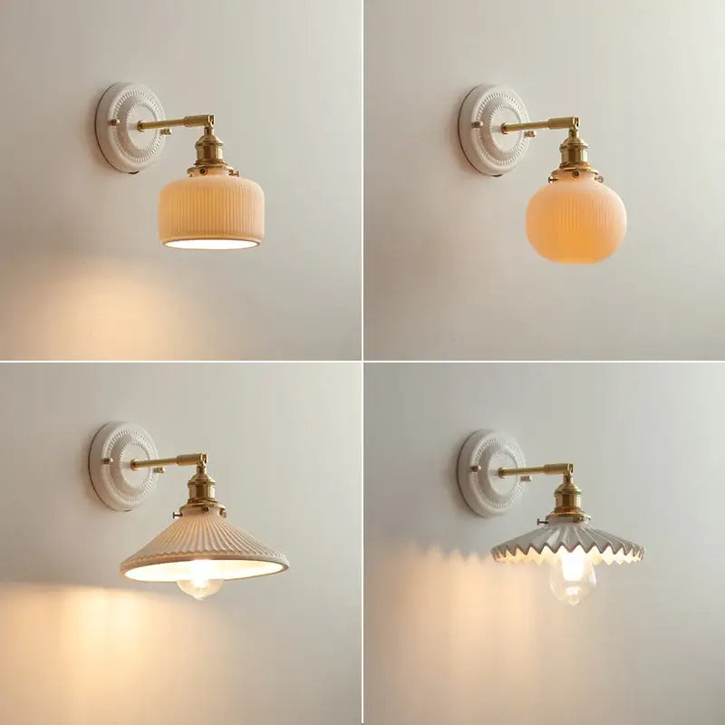 Cream ceramic led wall light with copper arm bedroom sconce