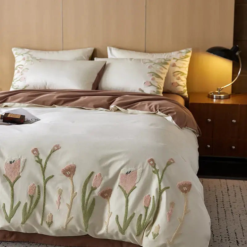 Cream egyptian cotton tulip embroidery bedding set bedroom