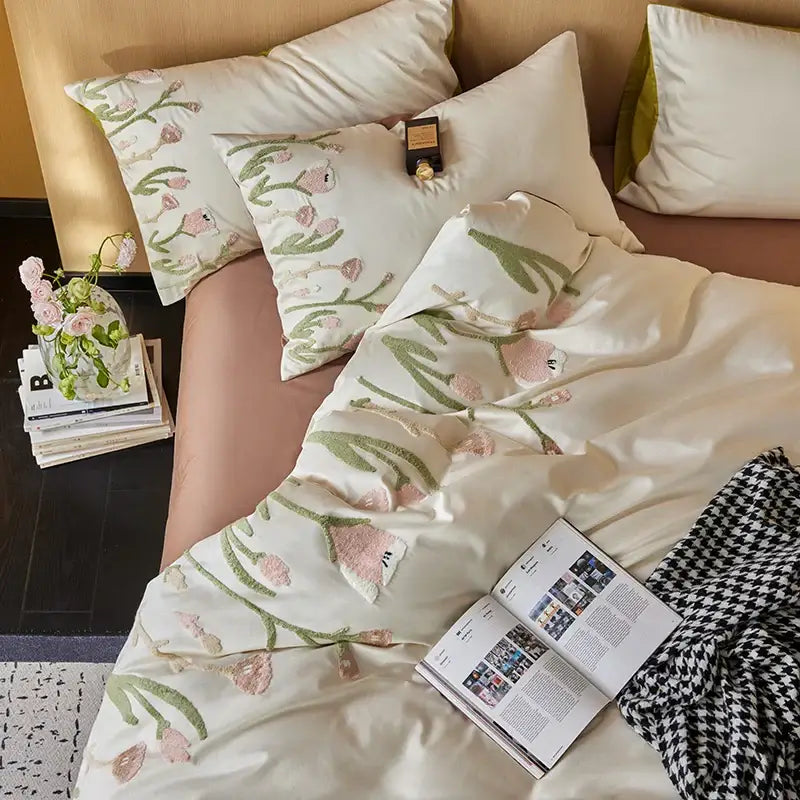 Cream egyptian cotton tulip embroidery bedding set bedroom