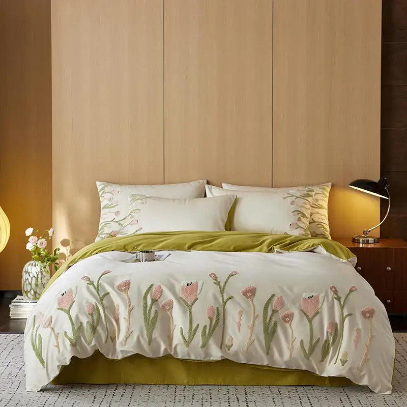 Cream egyptian cotton tulip embroidery bedding set bedroom