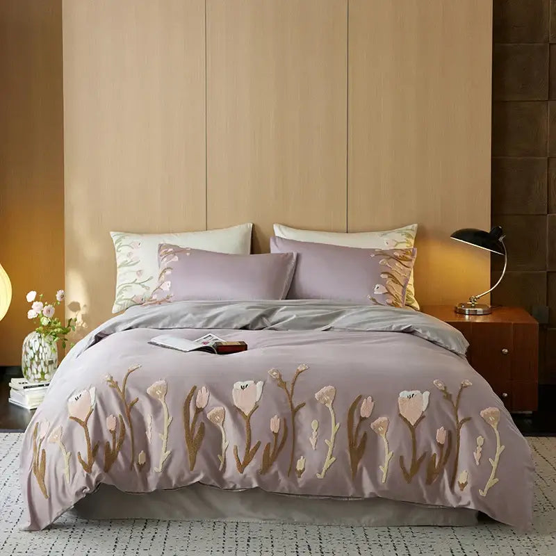 Cream egyptian cotton tulip embroidery bedding set bedroom