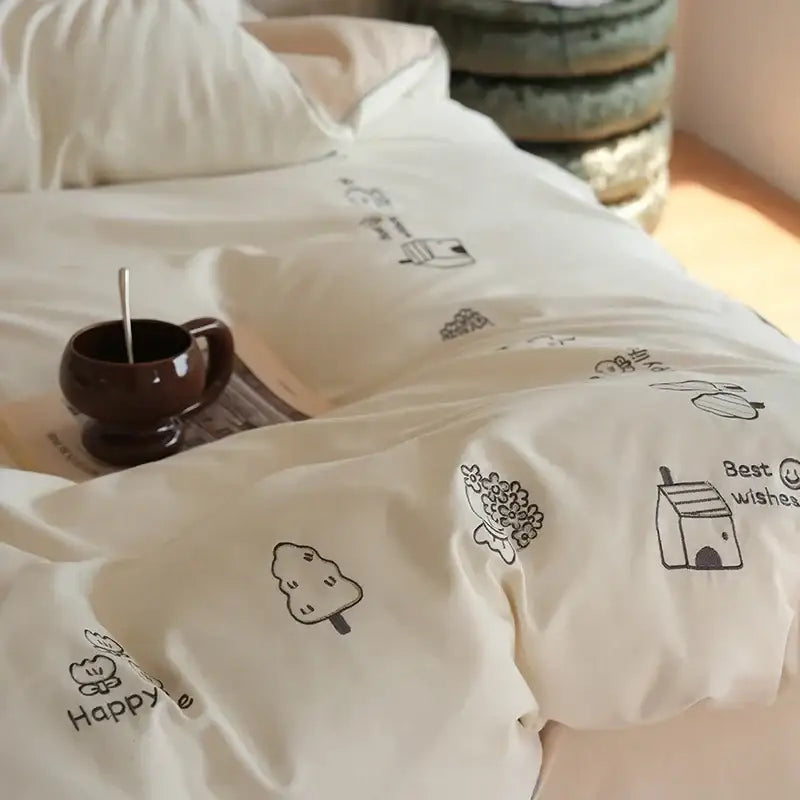 Cream embroidered brushed volcanic fleece bedding set bedroom