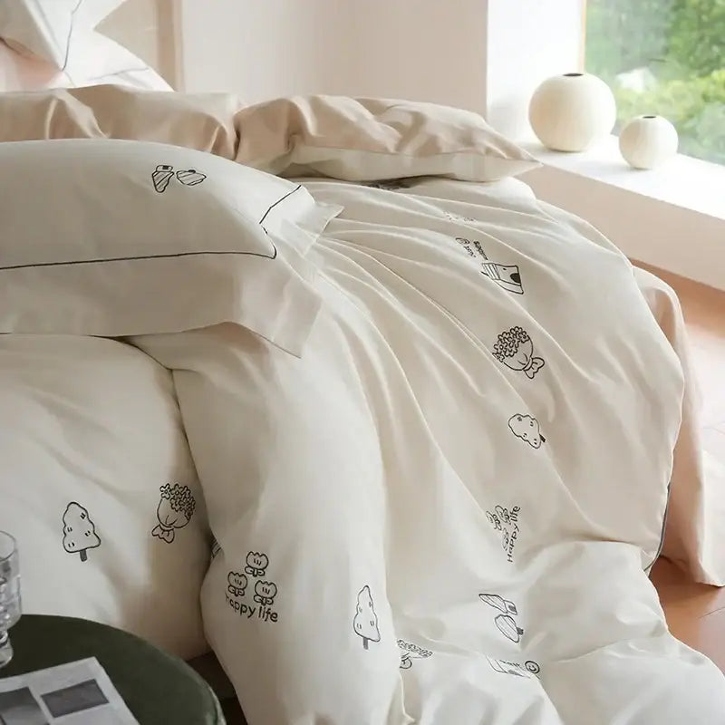 Cream embroidered brushed volcanic fleece bedding set bedroom