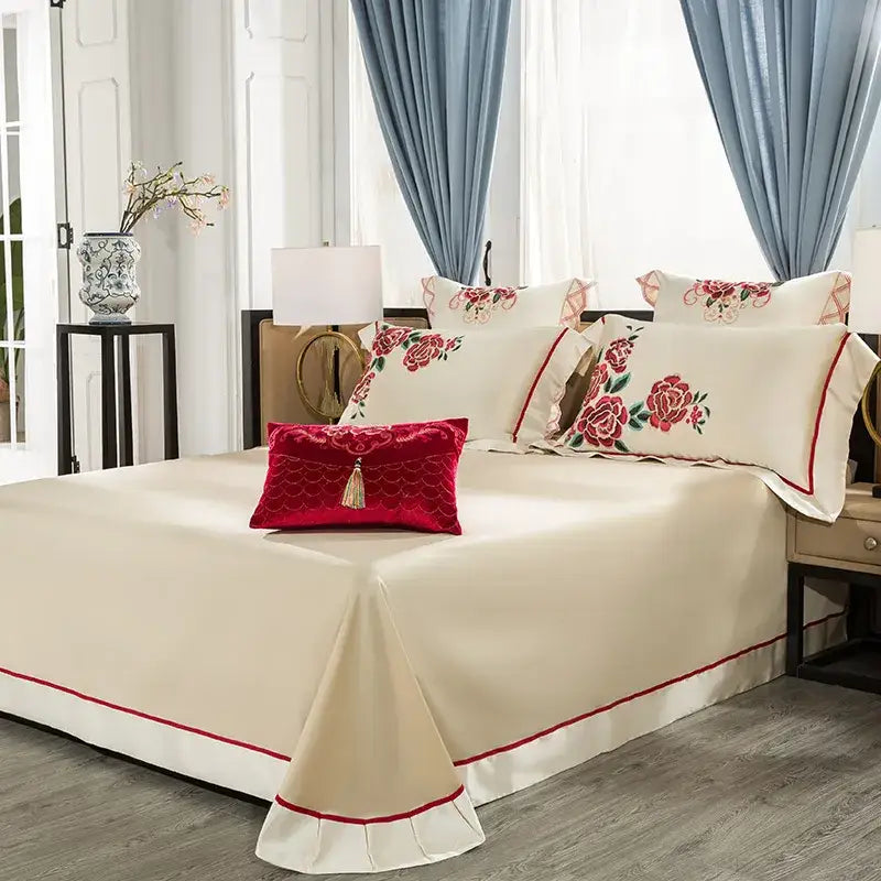 Cream floral 200s embroidery egyptian cotton bedding set bedroom