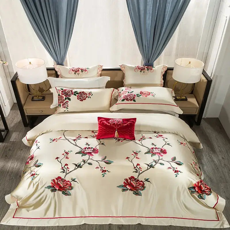 Cream floral 200s embroidery egyptian cotton bedding set bedroom