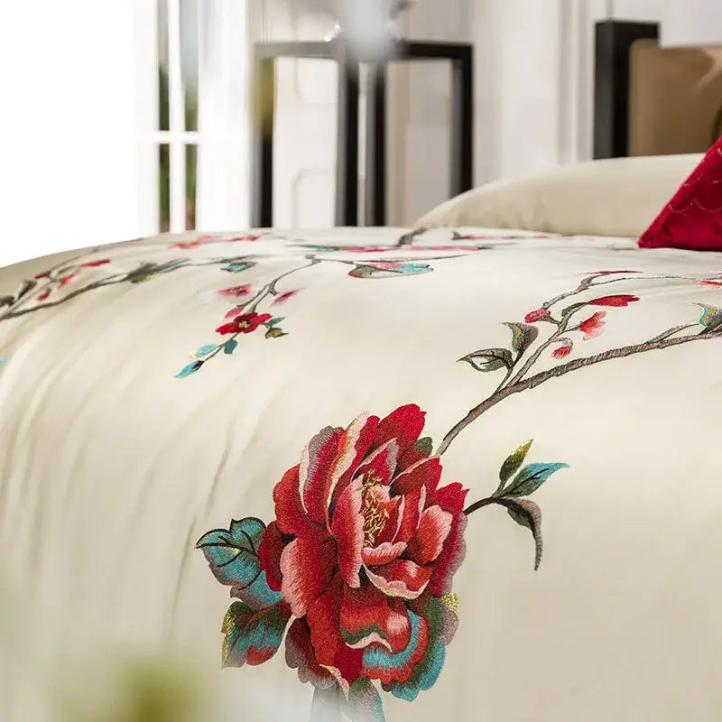 Cream floral 200s embroidery egyptian cotton bedding set bedroom