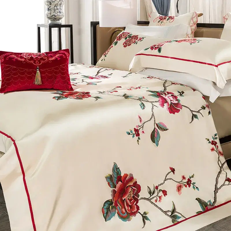 Cream floral 200s embroidery egyptian cotton bedding set bedroom