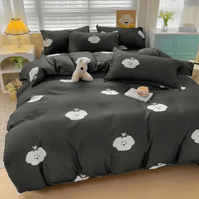 Cream floral cartoon printed bedding set for bedroom green accents