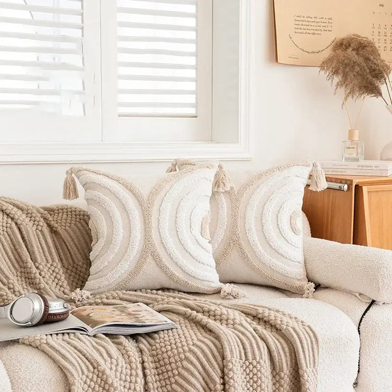 Cream geometric embroidered crocheted pillow cover living room decor