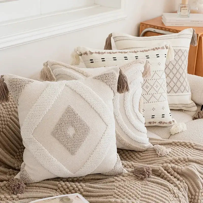 Cream geometric embroidered crocheted pillow cover living room decor