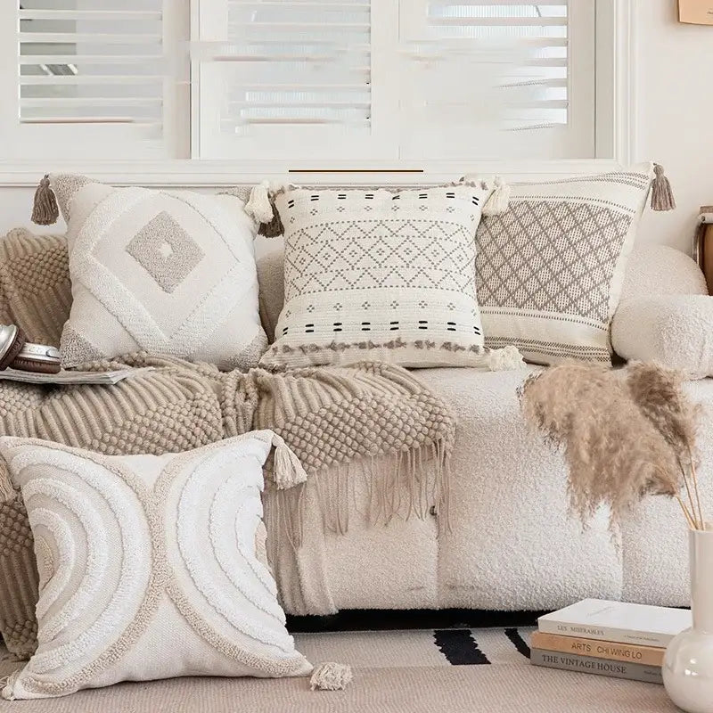 Cream geometric embroidered crocheted pillow cover living room decor