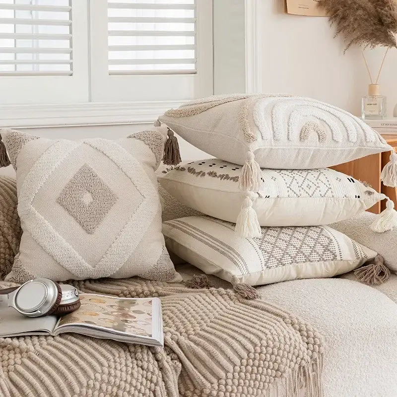 Cream geometric embroidered crocheted pillow cover living room decor