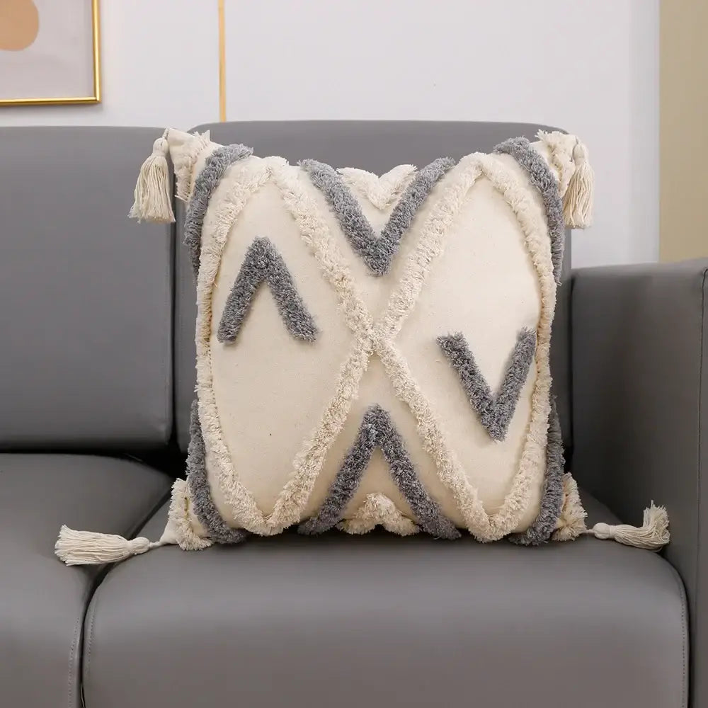 Cream geometric embroidery cushion cover living room textured tassels