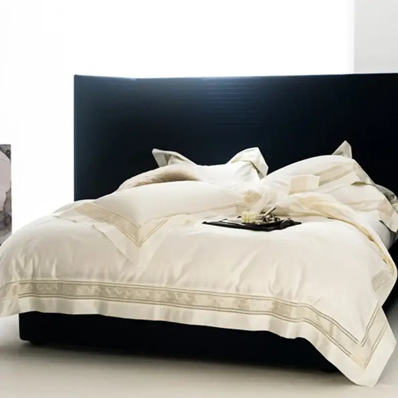 Cream gold wide edge embroidery bedding set bedroom decorbites