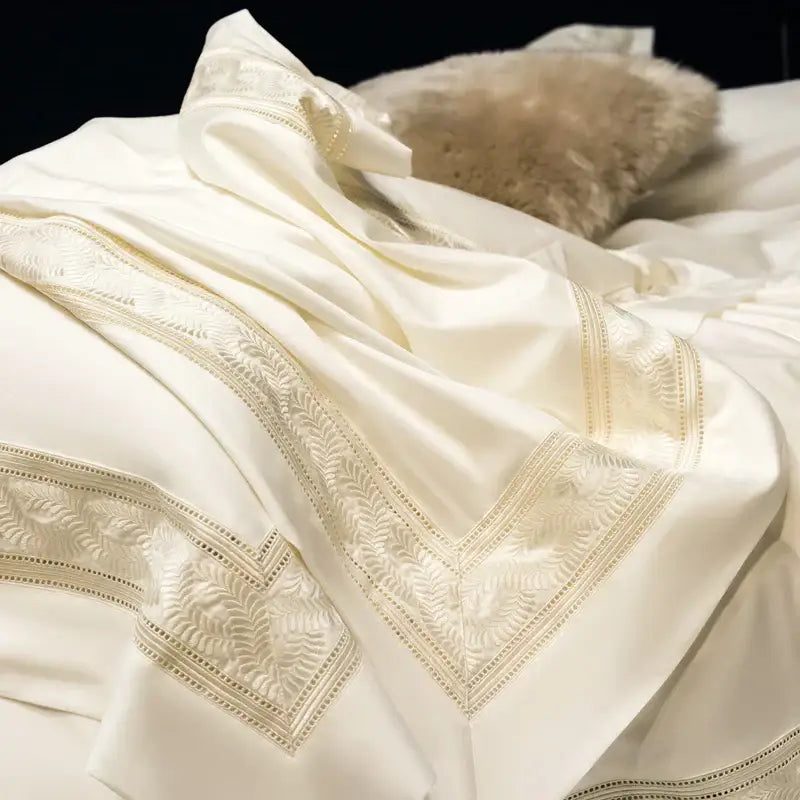 Cream gold wide edge embroidery bedding set bedroom decorbites