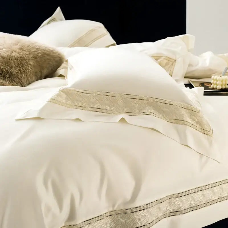 Cream gold wide edge embroidery bedding set bedroom decorbites