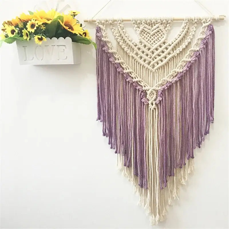 Cream & lavender macrame wall hanging living room cotton tapestry