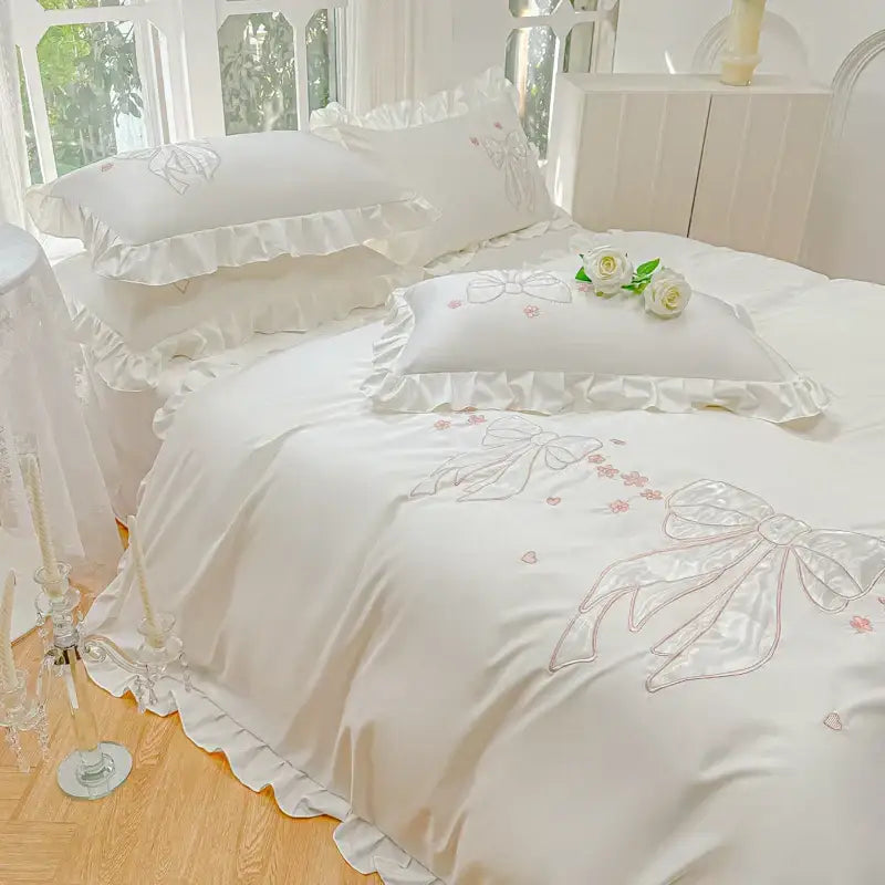 Cream & pink ice silk embroidered ruffles duvet set bedroom bedding