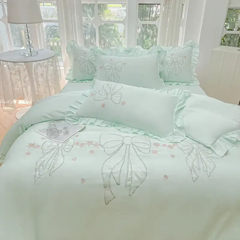 Cream & pink ice silk embroidered ruffles duvet set bedroom bedding