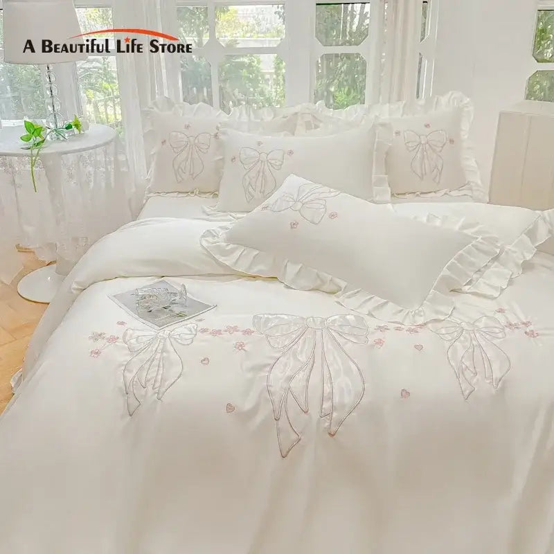 Cream & pink ice silk embroidered ruffles duvet set bedroom bedding