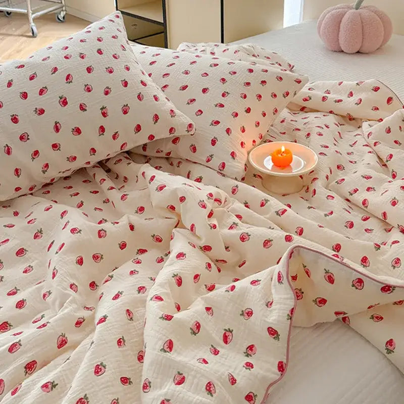 Cream polka dot floral quilt set bedroom bedding