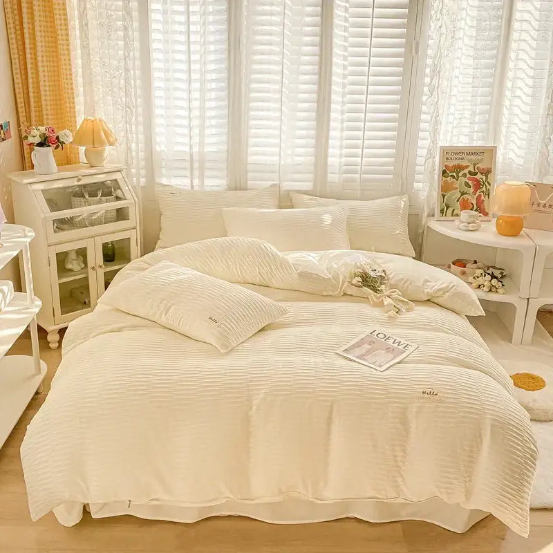 Cream ribbed bubble yarn duvet cover set bedroom bedding