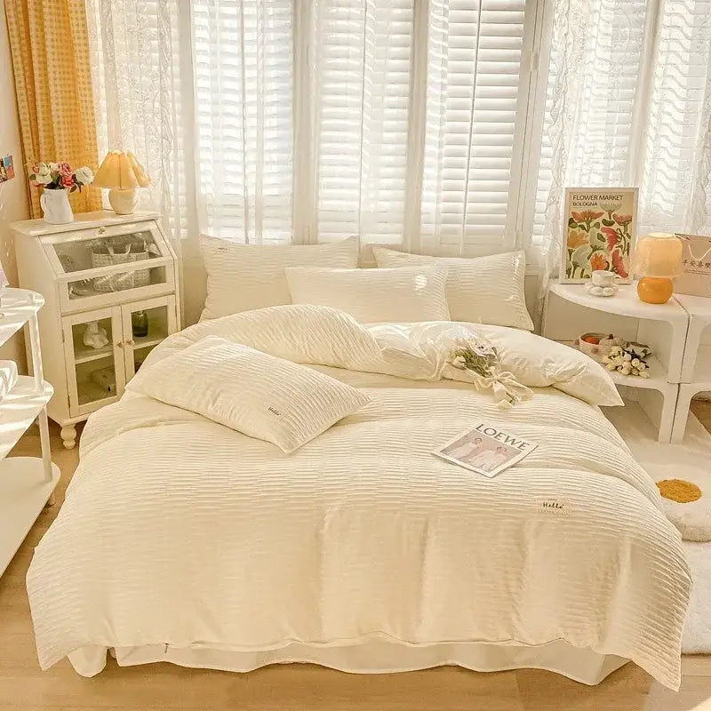 Cream ribbed bubble yarn duvet cover set bedroom bedding