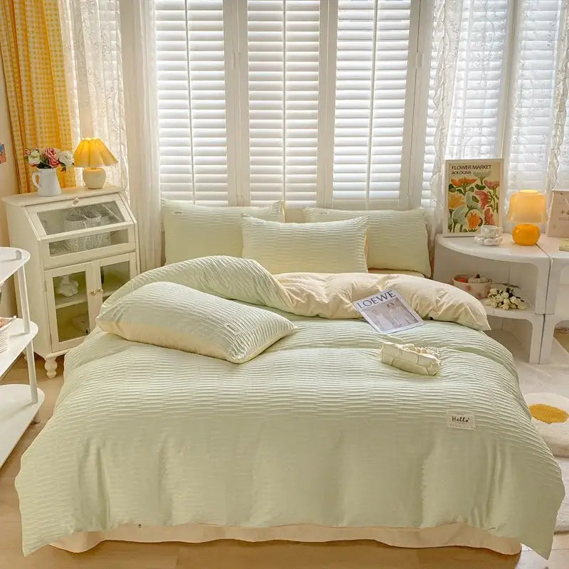 Cream ribbed bubble yarn fabric bedding set bedroom duvet cover