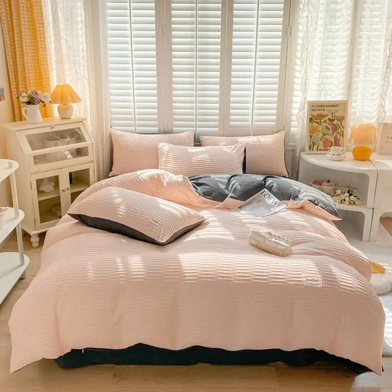 Cream ribbed bubble yarn fabric bedding set bedroom duvet cover