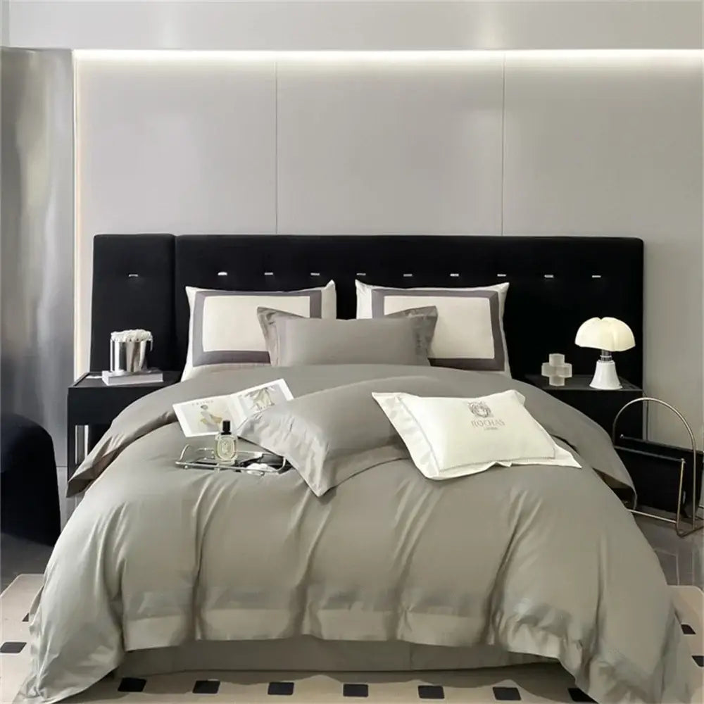 Cream satin 1000tc egyptian cotton bedding set bedroom silver piping