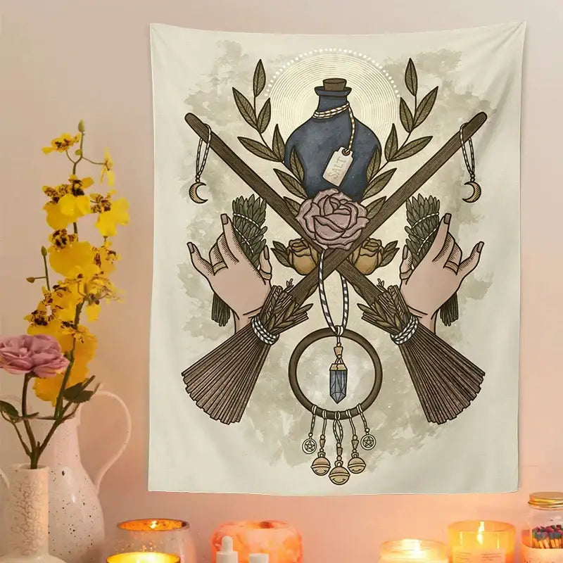 Cream tarot witchcraft tapestry bedroom occult wall decor