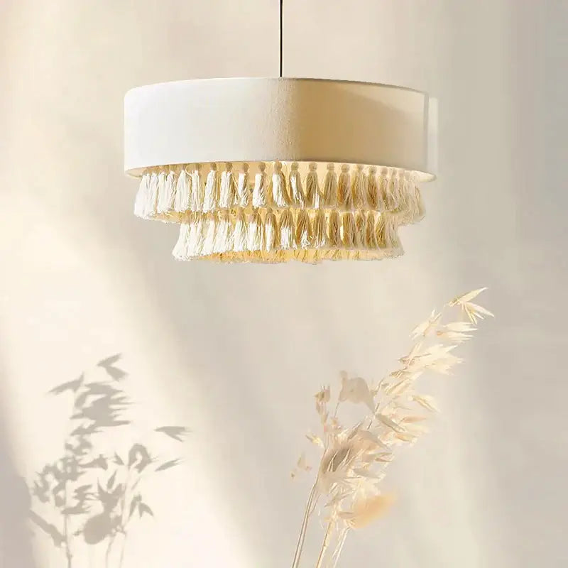 Creamy bohemian wabi sabi tassel pendant light for bedroom