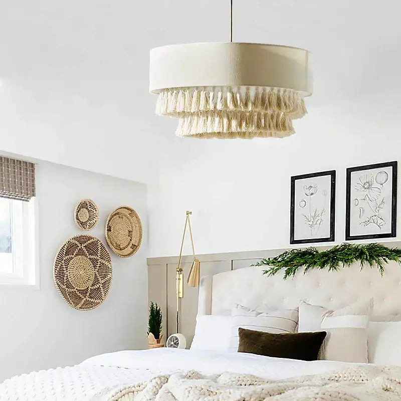 Creamy bohemian wabi sabi tassel pendant light for bedroom