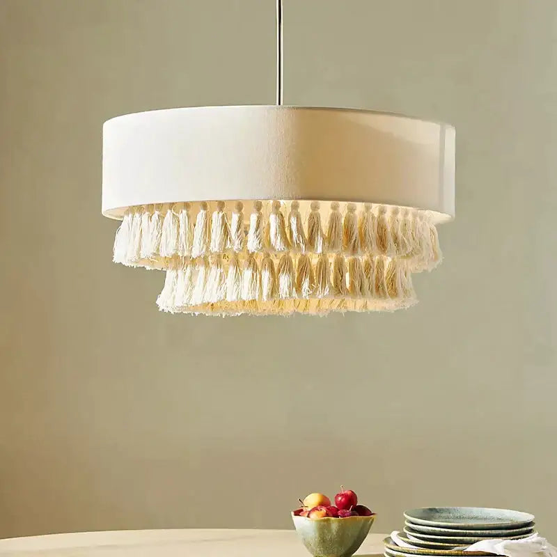 Creamy bohemian wabi sabi tassel pendant light for bedroom