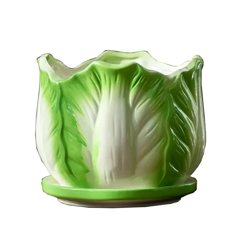 Creative green & white ceramic cabbage flowerpot – indoor garden basin