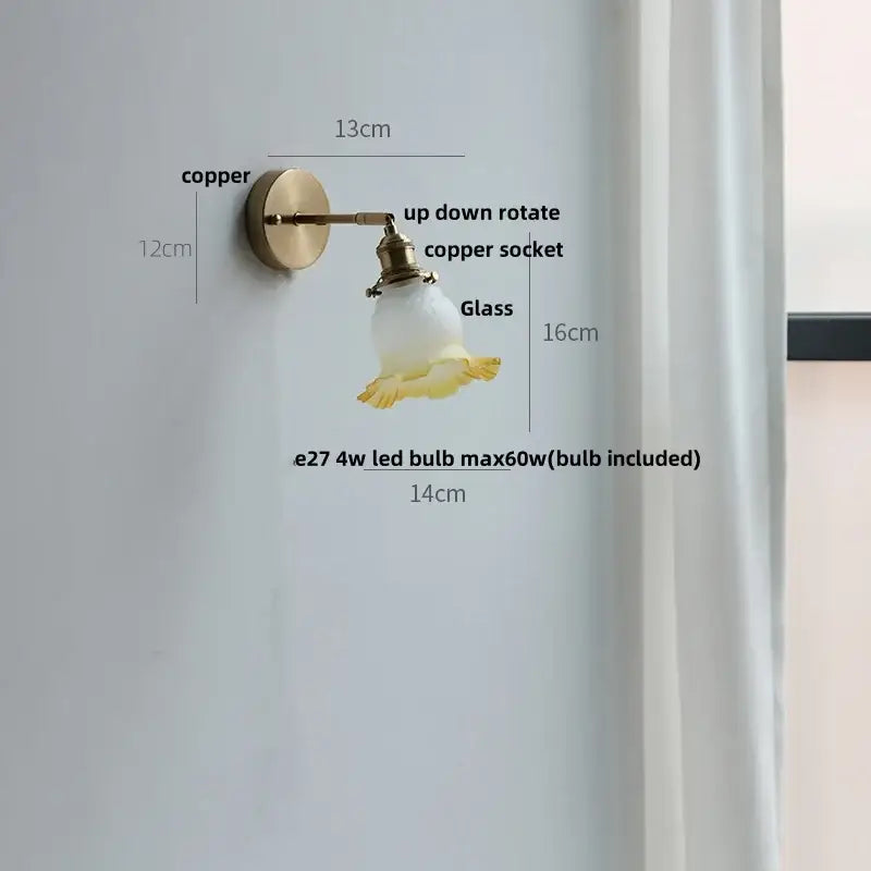 Crown glass led wall light with brass pull chain bedroom fixture